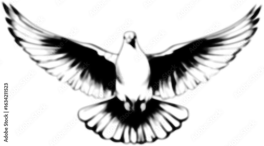 Obraz premium Halftone black and white illustration of a dove in flight, expressing peace