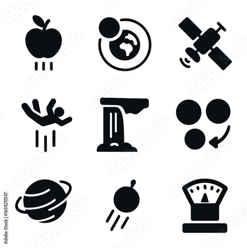 Gravity Action Icons. Solid, filled icons set of gravity in action: falling apple, moon orbiting Earth,