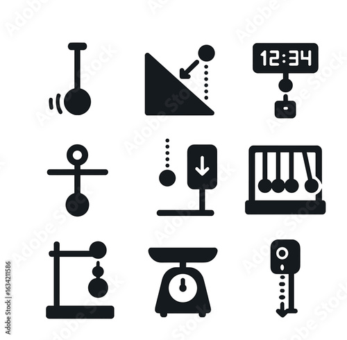 Physics Experiment Icons. Solid, filled icons set of physics experiments with gravity: pendulum swing,