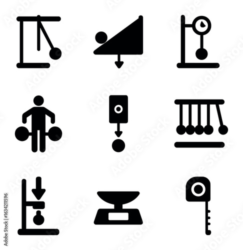 Physics Experiment Icons. Solid, filled icons set of physics experiments with gravity: pendulum swing,