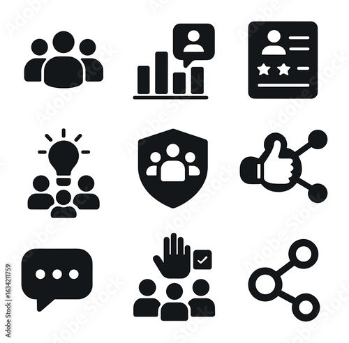Community Marketing Icons. Solid, filled icons set of community-driven marketing: crowd of users icon, user