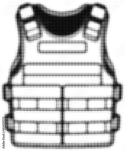 Black and white halftone illustration of a bulletproof vest