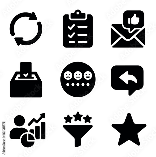 Feedback Icons Set. Solid, filled icons set of feedback loop for brands: feedback arrows loop, survey