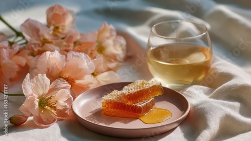 Golden Nectar Still Life: An artful composition that showcases the natural beauty of honey and flowers, including a glass of honey-colored liquid that complements the essence of health and wellness.