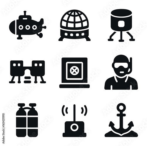 Underwater Habitat Icons. Solid, filled icons set of underwater habitats: submersible lab, research dome,