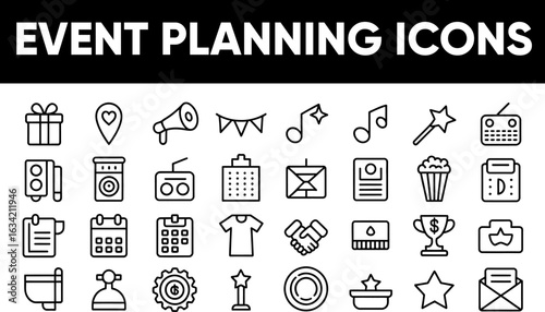 Collection of hand drawn event planning icons for celebrations and gatherings