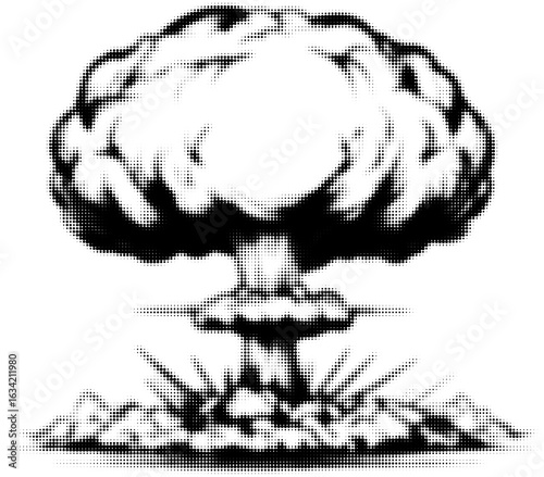 Black and white illustration of an atomic explosion with mushroom cloud