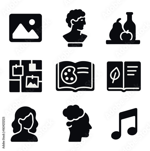Inspiration Icon Set. Solid, filled icons set of artistic inspiration sources: nature photo, classical