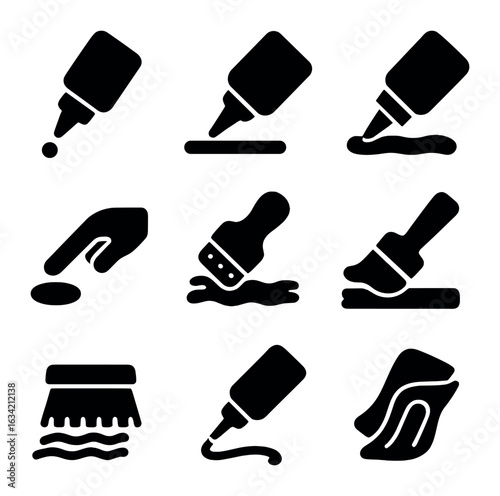 Glue Application Methods. Solid, filled icons set of glue application techniques: dot method, line method,