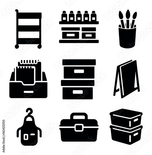 Art Supplies Icons. Solid, filled icons set of art supplies storage: rolling cart, shelf with paints, brush