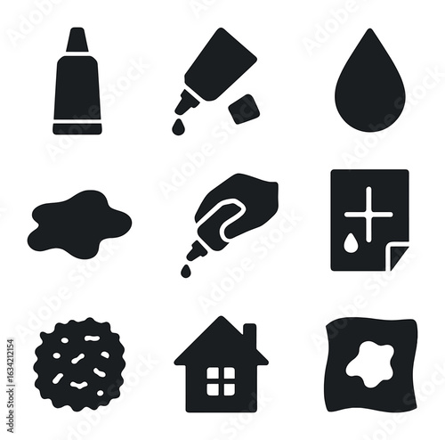 Glue Icons Set. Solid, filled icons set of glue tube usage: glue tube, cap off tube, glue droplet, glue smear,