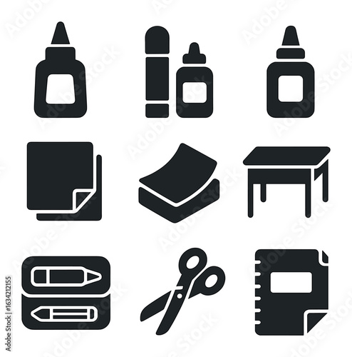 School Adhesive Icons. Solid, filled icons set of school stationery adhesives: student glue bottle, safety