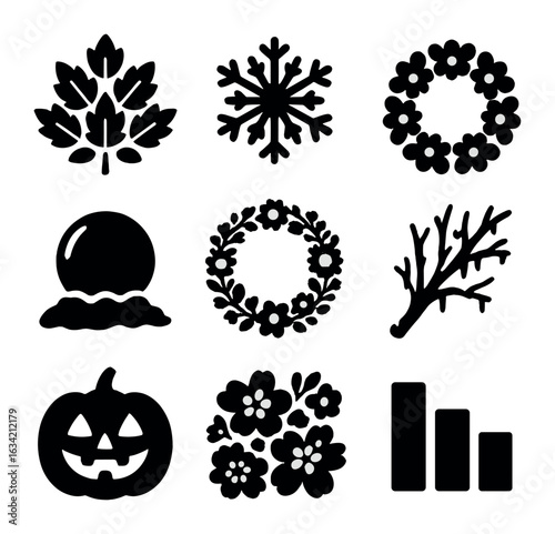 Seasonal Nature Icons. Solid, filled icons set of seasonal nature art: autumn leaf pattern, snowflake symmetry