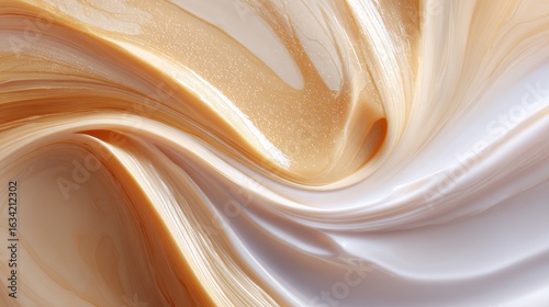 Swirls of Creamy Luxury: A macro shot showcases an elegant, flowing blend of silky cream and golden caramel, the rich textures creating a visual symphony of indulgence.