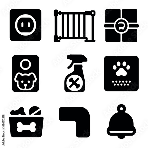 Pet Safety Icons. Solid, filled icons set of pet safety in the home: outlet cover, stair gate, cabinet lock,