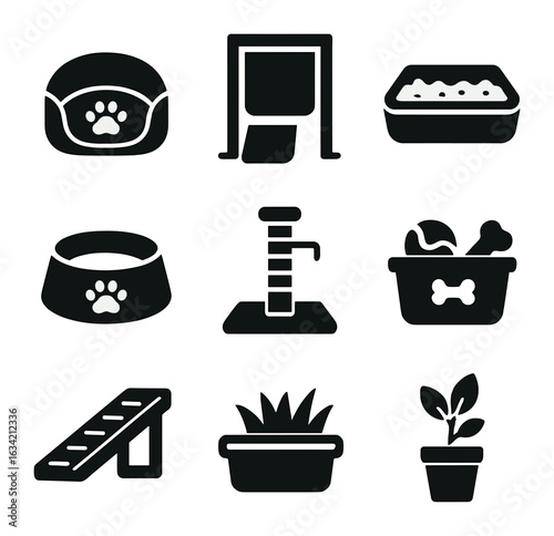 Pet-Friendly Home Icons. Solid, filled icons set of pet-friendly home ideas: pet bed, doggy door, litter box,