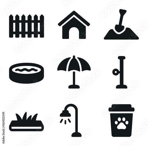 Outdoor Pet Space Icons. Solid, filled icons set of outdoor pet spaces: fenced yard, dog house, digging area,
