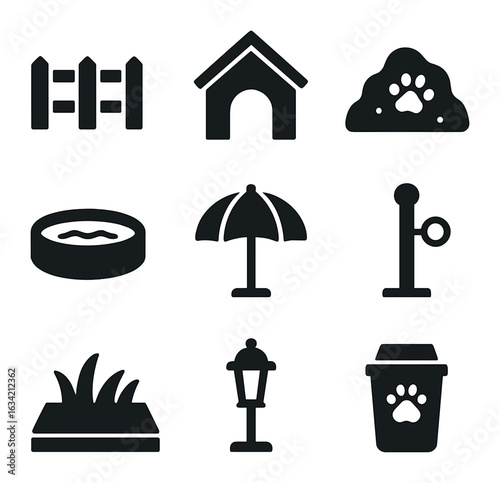 Outdoor Pet Space Icons. Solid, filled icons set of outdoor pet spaces: fenced yard, dog house, digging area,