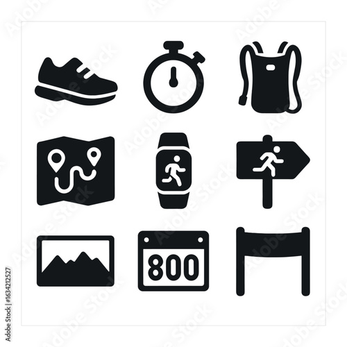 Running Icons Grid. Solid, filled icons set of running and endurance training: running shoes, stopwatch,