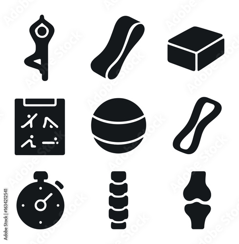 Flexibility Training Icons. Solid, filled icons set of flexibility and mobility training: yoga pose,
