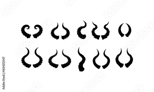 Multiple pairs of fluffy black horns visually pop against a clean white backdrop. Ideal for nature themes in designs. Perfect for wildlife or halloweenrelated content.