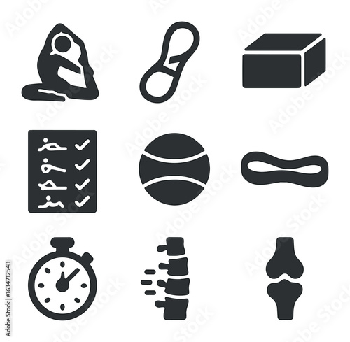 Flexibility Training Icons. Solid, filled icons set of flexibility and mobility training: yoga pose,