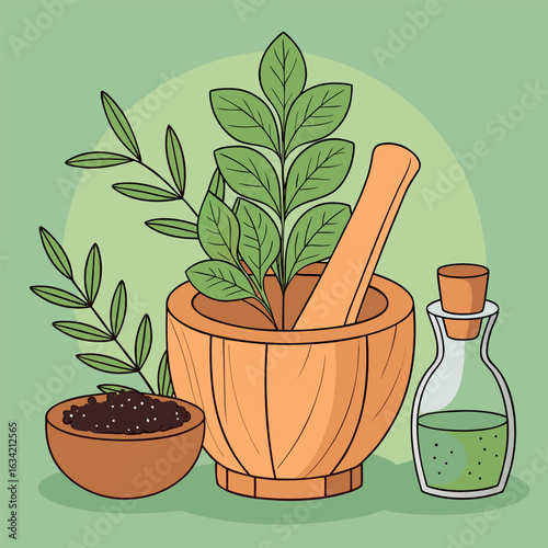 Mortar with pestle and medicinal plants blend naturally for herbal remedies on green