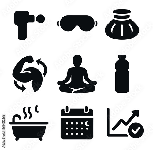 Recovery and Rest Icons. Solid, filled icons set of recovery and rest days: massage gun, sleep mask, ice pack,