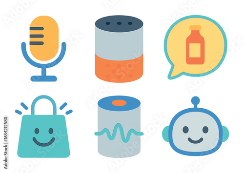 Voice Shopping Icons. Flat vector mini-illustrations Voice-activated shopping in colors children's