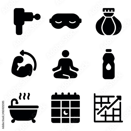 Recovery and Rest Icons. Solid, filled icons set of recovery and rest days: massage gun, sleep mask, ice pack,