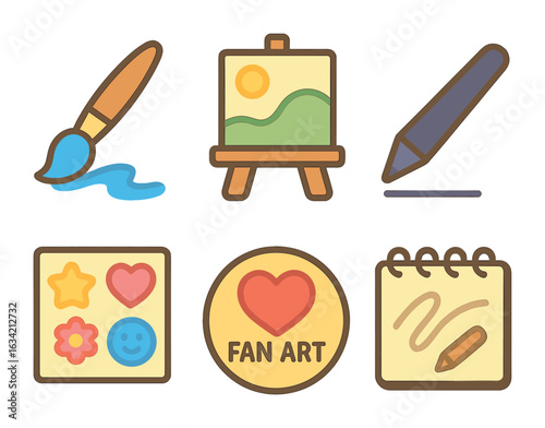 Children's Art Icons. Flat vector mini-illustrations Digital art and fan creations in colors children's