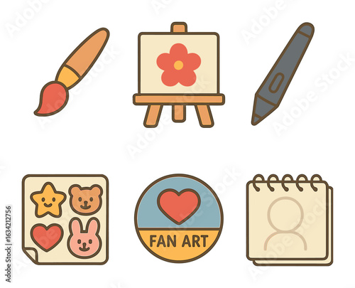Children's Art Icons. Flat vector mini-illustrations Digital art and fan creations in colors children's