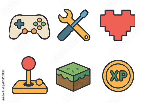 Gaming Icons Grid. Flat vector mini-illustrations Gaming and user content mods in colors children's