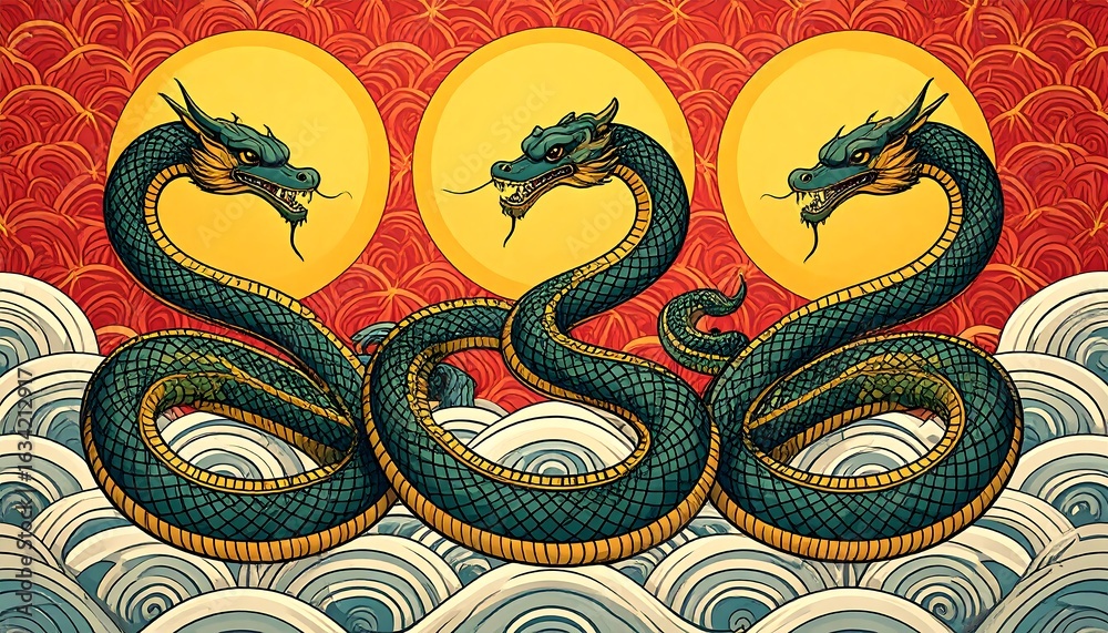 Obraz premium Three dragons intertwined on a decorative background