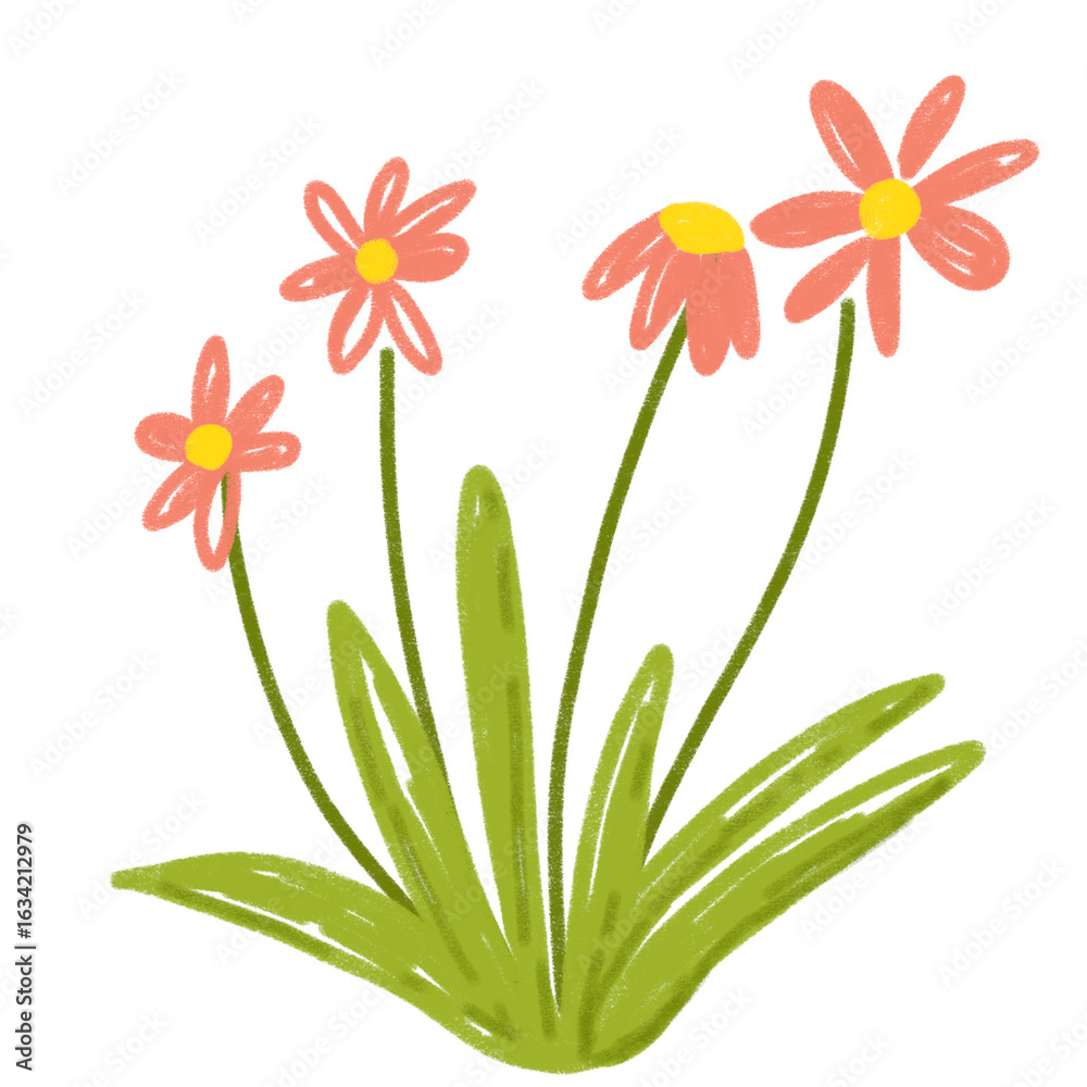 Fototapeta premium Childlike digital drawing of a cluster of flowers. A hand-drawn, crayon-like texture pink flower