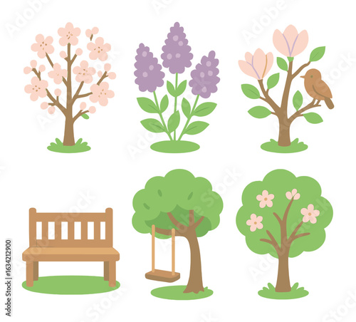 Blossoming Garden Icons. Flat vector mini-illustrations Flowering trees and shrubs in colors children's