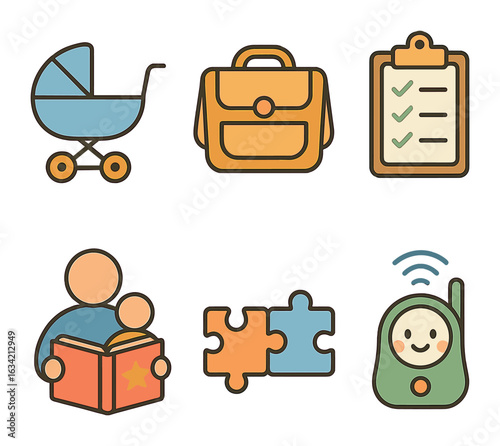 Parenting Icons. Flat vector mini-illustrations Parenting as a couple in colors children's illustrations: baby