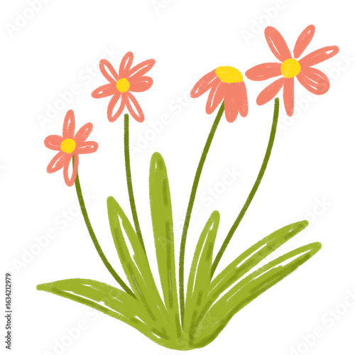 Childlike digital drawing of a cluster of flowers. A hand-drawn, crayon-like texture pink flower