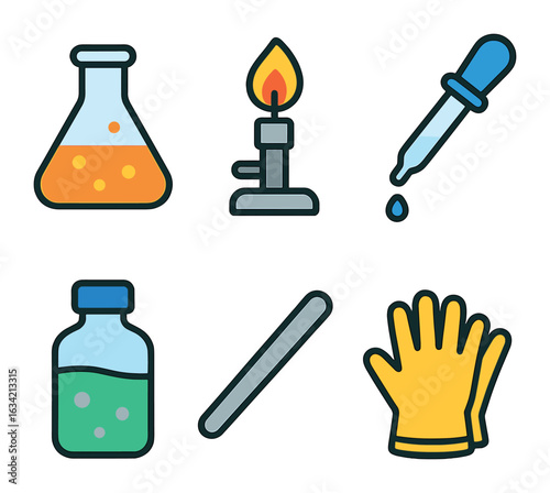 Colorful Chemistry Icons. Flat vector mini-illustrations Chemistry lab tools in colors children's