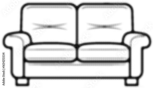 Black and white dotted illustration of a comfy sofa, minimalist interior design