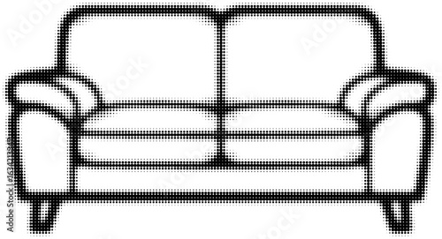Black and white dotted illustration of a two-seater sofa with thick cushions