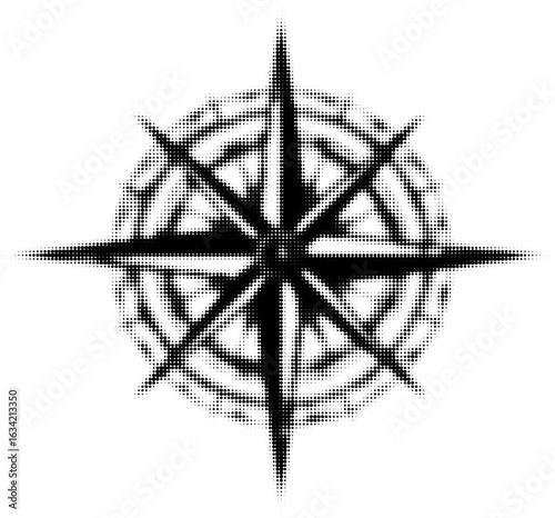 Monochrome dot art of compass rose with intricate design elements