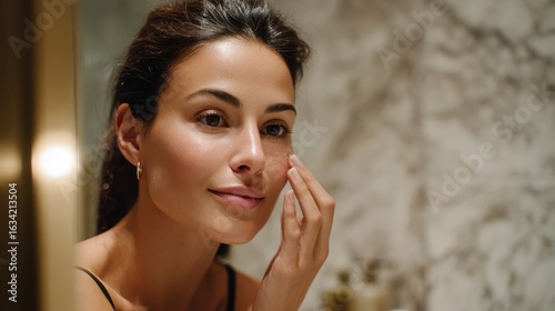 Serene Radiance: A woman delicately applies skincare, her skin aglow with natural beauty, captured in a moment of self-care.