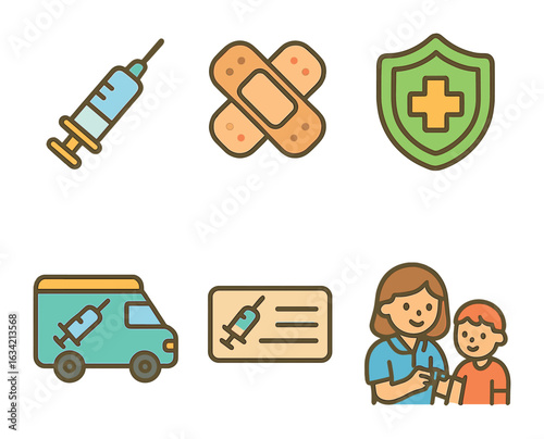 Child Vaccination Icons. Flat vector mini-illustrations Vaccination campaigns in colors children's