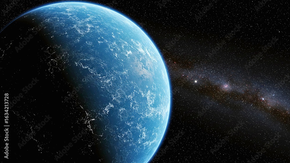 Obraz premium A Beautiful Blue Exoplanet with Visible City Lights Orbiting in a Starry Galaxy