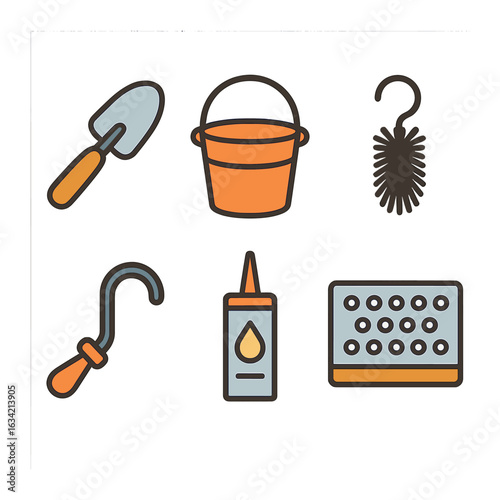 Gutter Tool Illustrations. Flat vector mini-illustrations Gutter maintenance tools in colors children's