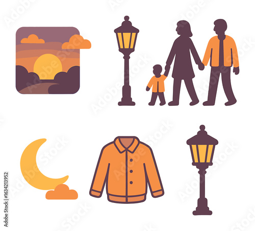 Evening Family Walk. Flat vector mini-illustrations Evening walk with loved ones in colors children's