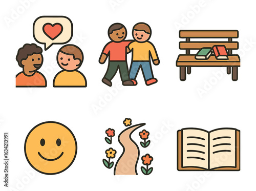 Friendly Stroll Illustrations. Flat vector mini-illustrations Talking and walking with a friend in colors