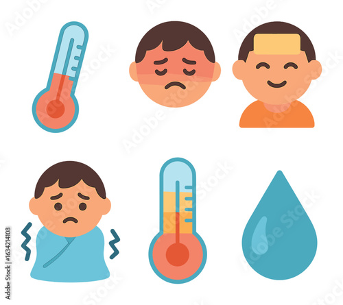 Colorful Temperature Icons. Flat vector mini-illustrations Internal temperature changes in colors children's