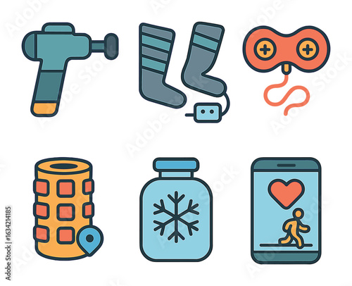 Recovery Gadget Icons. Flat vector mini-illustrations Recovery tech and gadgets in colors children's